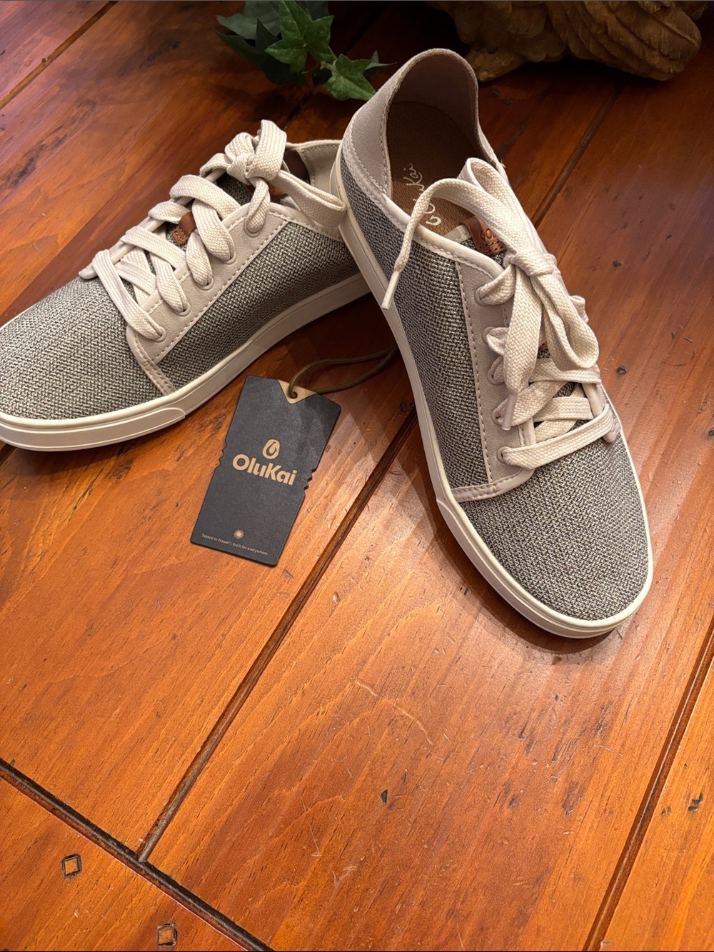 OluKai Low-Top Lace-Up Sneakers in Taupe and Cream